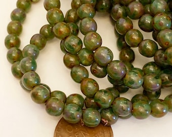 300 Beads 6mm Czech Glass Smooth Round Druk Beads - 12 Strands Green Brick Picasso Bohemian Gypsy Hippie Rustic Earthy Central Coast Charms