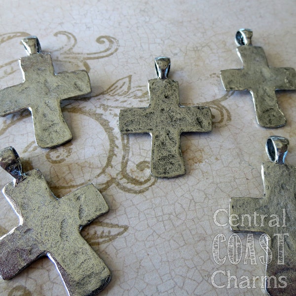 Old World Hammered Pewter Ancient Cross Charm Pendant with Bail - Antique Silver - 34mm x 49mm - Central Coast Charms