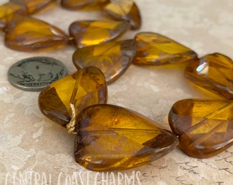 Czech Glass Faceted Beads - 28mm x 20mm (6) Amber Brown - Focal Bead - Large Bead - Twisted Bead  - Travertine Patina Central Coast Charms