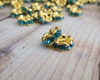 8mm Gold Brass Aquamarine Turquoise Blue Czech Glass Rhinestone Rondelle Spacers (20)  - Wavy Edge - Vintage Style - Central Coast Charms