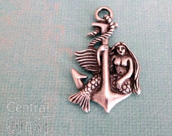 Mermaid and Anchor Pewter Charm Pendant - Two-sided - 45mm x 32mm - Mykonos Greek Casting - Shiny Silver - Sea Siren - Central Coast Charms