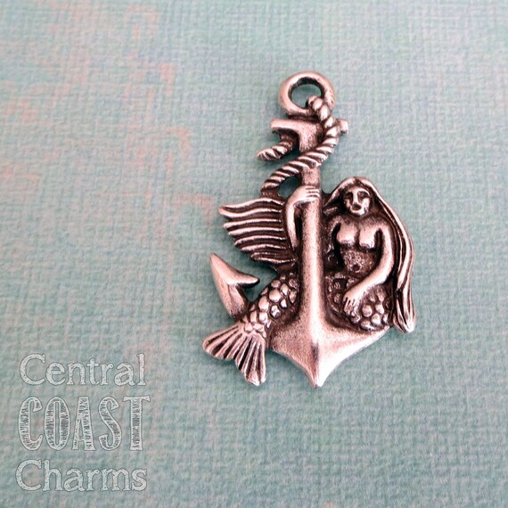 Mermaid and Anchor Pewter Charm Pendant Twosided 45mm x Etsy
