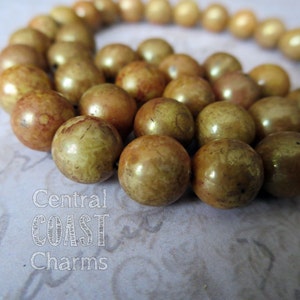 50 qty 8mm Milky Opaque Pink Green Gold Marbled Czech Glass Beads - Brown Picasso - Round Druk - Shabby Boho Style - Central Coast Charms
