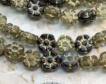 7mm Czech Glass Daisy Posey Puffy Flower Beads (40) Black Clear Gold Mix Picasso - Bohemian Chic Hippie Gypsy Shabby - Central Coast Charms