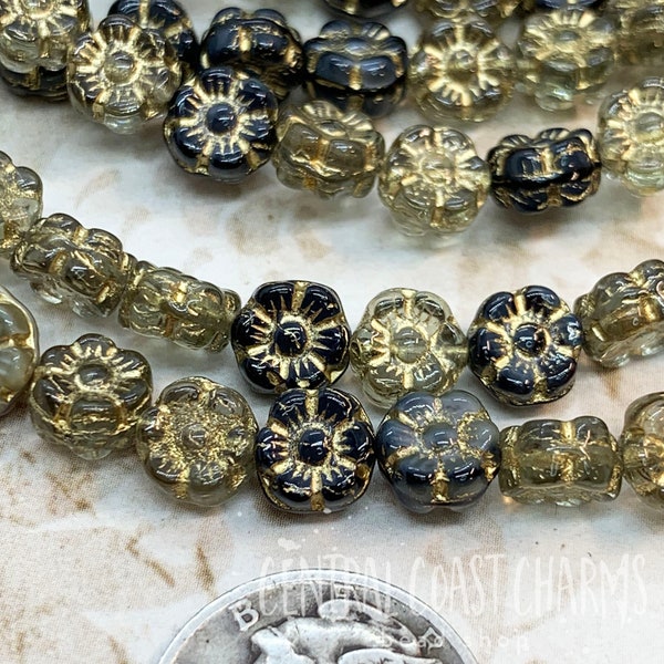 7mm Czech Glass Daisy Posey Puffy Flower Beads (40) Black Clear Gold Mix Picasso - Bohemian Chic Hippie Gypsy Shabby - Central Coast Charms