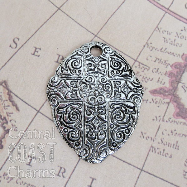 Large Ancient Cross Disc Charm Pendant Casting - Antique Silver Pewter - 50mm x 40mm - Old World - Medieval - Tribal - Central Coast Charms