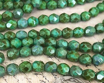 6mm Faceted Round Beads (25) Travertine Picasso Czech Glass Fire Polished - Teal Turquoise Green - Boho Rustic - Central Coast Charms