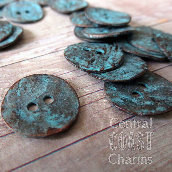 16mm Mykonos Greek Cast Metal Buttons - Copper Verdigris Green Patina - 4pcs - for leather wrap and crochet jewelry - Central Coast Charms