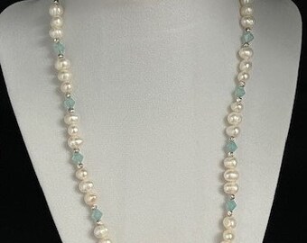Pearls and Aquamarine Swarovski Bicone Crystals and Silver Accent beads- 20" Long