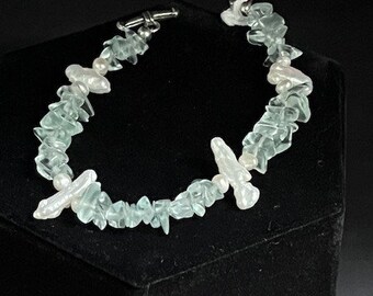 Aqua Glass and White Stick Pearl Bracelet