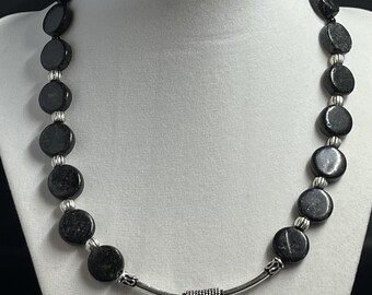 Black Magic - Black Round Coin Beads - Metal Accent Bar and beads