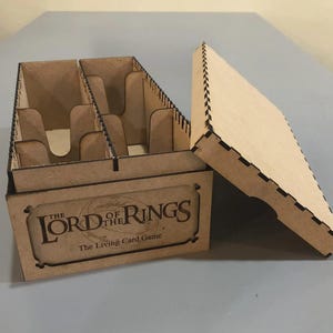 A cardboard box with a lid, labeled "The Lord of the Rings: The Living Card Game"
