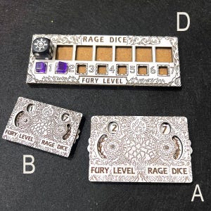 May include: Three wooden game trackers labelled Rage Dice and Fury Level. Item D is a rectangular board with slots for dice and numbered squares 1-7. Items A and B are rectangular dials with rotating wheels displaying numbers 1, 2, and 7.