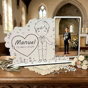 First Communion Photo Frame, Boy or Girl Holding Heart (4x6, Custom Text)