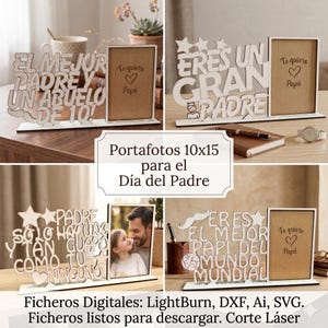 May include: Wooden photo frames with decorative text in Spanish, including phrases like "Best Dad" and "I love you, Dad." The frames are designed for 10x15 cm photos and are ideal for Father's Day.