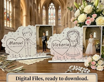 Cornice portafoto per la Prima Comunione del bambino: Bambino o bambina che tiene in mano un cuore (file digitali per taglio laser, scaricabili)