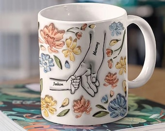 Personalized Floral Mom Mug with Kids Names, Custom Mama Coffee Cup