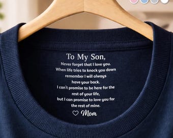 Koszulka z nadrukiem na szyi dla syna od mamy, spersonalizowana koszulka, koszulka „Nigdy nie zapomnij, że cię kocham”, pamiątka dla matki i syna