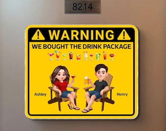 Advertencia para parejas: ¡Compramos el paquete de bebidas! - Imán acrílico personalizado para la puerta del crucero - Imán de crucero con paquete de bebidas de verano