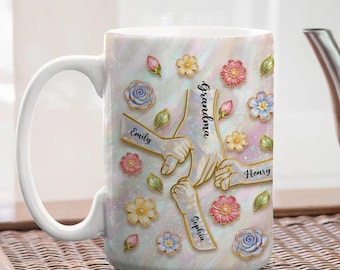 Personalized Grandma Mug – Floral Family Hands Coffee Cup