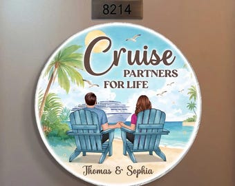 Imán acrílico personalizado para puerta de crucero - Persiguiendo atardeceres juntos - Imán para ojo de buey, letrero para puerta de crucero, decoración de crucero