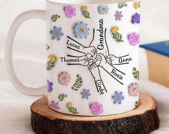 Customized Grandma Mug with Kids Names, Floral Ceramic Coffee Cup