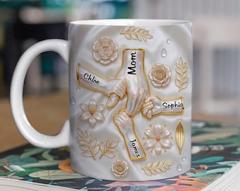 Personalized Family Hands Mug – Custom Names Floral Coffee Cup
