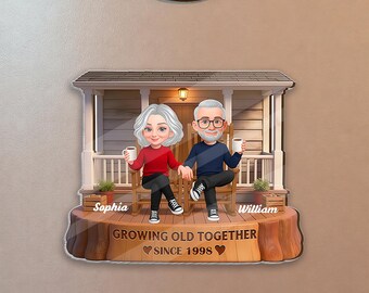 Personalized Couple Acrylic Magnet, Growing Old Together Gift, Custom Anniversary Gift for Wife Husband, Old Couple Portrait