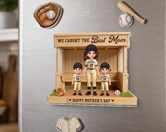 Imán acrílico personalizado para nevera de mamá beisbolera - Capturamos a la mejor mamá en el banquillo - Regalo del Día de la Madre para mamás beisboleras