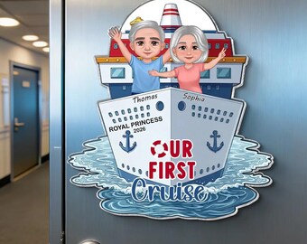 Creando recuerdos, un crucero a la vez. Pareja feliz: imán acrílico personalizado para la puerta del crucero. Recuerdo de viaje en crucero.