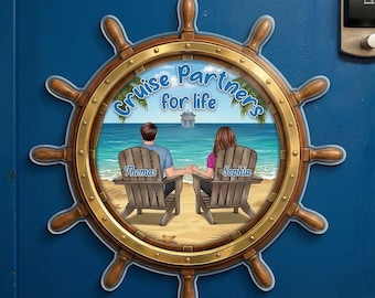 Imán acrílico personalizado para puerta de crucero - Persiguiendo atardeceres juntos - Imán para ojo de buey, letrero para puerta de crucero, decoración de crucero