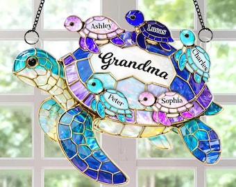 Personalized Turtle Suncatcher for Grandma, Mothers Day Gift for Mom Grandkids, Custom Name Window Hanging Stained Glass Ornament