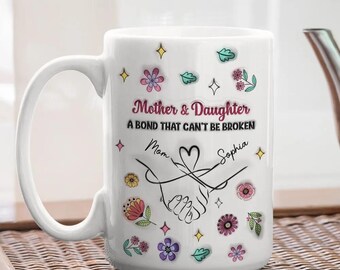 Custom Mother Daughter Ceramic Mug, Personalized Coffee Cup, 3D Effect Design