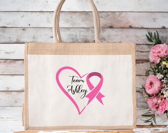 Sac fourre-tout en jute personnalisé, sac de sensibilisation au cancer du sein