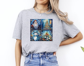 T-shirt bleu collage de Noël, Père Noël, bonhomme de neige, arbre, Cadeau personnalisé, Cadeau pour elle, T-shirt graphique