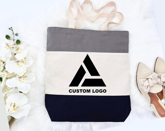 Personalized Cotton Canvas Tote Bag, Custom Logo Design, Tri-Color 15" Bag