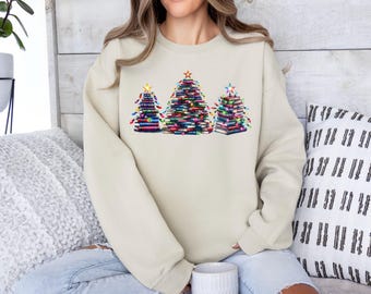 Book Christmas Tree Sweatshirt, Funny Book Lover Apparel, Teacher Gift
