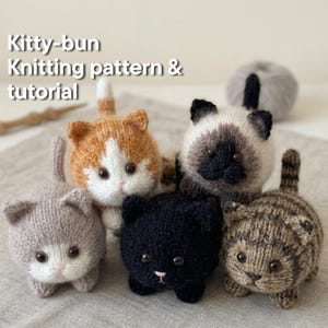 May include: Five small, round, hand-knitted cat figures in various colours including orange, white, black, grey, and brown tabby. Each figure features dark eyes, a small nose, and an upright tail. Text reads: Kitty-bun Knitting pattern & tutorial.