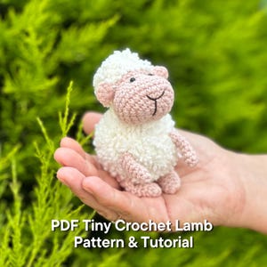 May include: A miniature crochet lamb with a fluffy white body and pink head, ears, and legs. The lamb features a smiling face with black embroidered details. The text "PDF Tiny Crochet Lamb Pattern & Tutorial" is visible at the bottom.