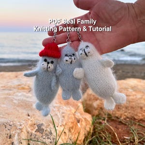 Könnte beinhalten: Drei gestrickte Seehund-Schlüsselanhänger in Hellblau und Weiß, vor verschwommenem Strandhintergrund. Ein Seehund trägt einen roten Hut. Der Text "PDF Seal Family Knitting Pattern & Tutorial" ist sichtbar.
