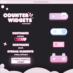 May include: A digital graphic with the text "COUNTER WIDGETS" in a pink, bubbly font. The image showcases customizable stream elements, including counters with icons like a skull, trash can, and heart, all in a pastel color scheme. The text "by momomizu" is also present.