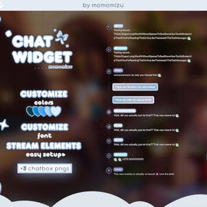 Op de afbeelding: Een digitaal ontwerp voor een chatwidget, met de tekst "CHAT WIDGET" in een speels lettertype, met opties om kleuren en lettertypen aan te passen. Inclusief streamelementen en eenvoudige installatie, met +3 chatbox png's. Het ontwerp heeft een zacht pastelkleurenschema.