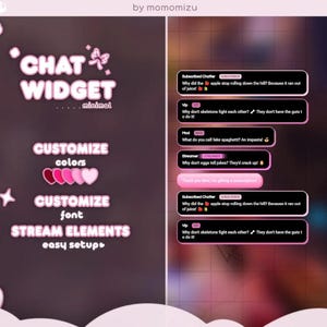 May include: A digital graphic in pink and white, featuring the text "CHAT WIDGET" and options to "CUSTOMIZE" colours, font, and "STREAM ELEMENTS". Sample chat bubbles with jokes are shown. The design includes hearts and stars.