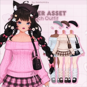 Könnte beinhalten: Eine digitale Illustration einer Figur, die einen rosafarbenen, schulterfreien Zopfmuster-Pullover, einen karierten Rock und eine schwarze Umhängetasche trägt. Die Figur hat dunkles, geflochtenes Haar mit kleinen rosa Schleifen und weißen Blüten.