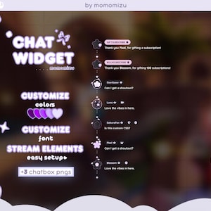 Op de afbeelding: Een digitaal ontwerp in paars en wit met de tekst "CHAT WIDGET" en "CUSTOMIZE colors, font, STREAM ELEMENTS, easy setup". Bevat chatbox PNG's en voorbeelden van chatberichten. De naam van de maker, momomizu, is ook zichtbaar.