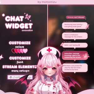 Pode incluir: Um gráfico rosa e branco para um widget de chat, apresentando uma enfermeira de desenho animado com chifres e asas de diabo. O design inclui cores e fontes personalizáveis, com elementos de fluxo para fácil configuração. Texto: "Chat Widget".