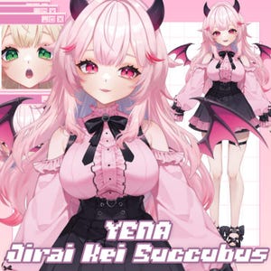 May include: Digital illustration of a pink-haired anime character with horns and bat wings, wearing a pink and black outfit with a bow. The image includes the text "YENA Jirai Kei Succubus" at the bottom.
