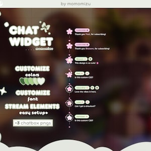 Puede incluir: Un diseño gráfico digital con el texto "CHAT WIDGET" y opciones para personalizar colores y fuentes. El diseño incluye elementos florales rosas y el texto "STREAM ELEMENTS easy setup" con "+3 chatbox pngs."