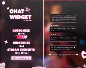 May include: Pink and white chat widget design with text that reads "CHAT WIDGET" and "CUSTOMIZE colors, font, STREAM ELEMENTS, easy setup". The right side shows a chat log with viewer and streamer messages.