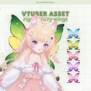 May include: Digital illustration of a character with blonde hair, cat ears, and fairy wings. The character wears a pink and white dress. The image includes text that reads "VTUBER ASSET rig fairy wings" and showcases several butterfly wing designs.